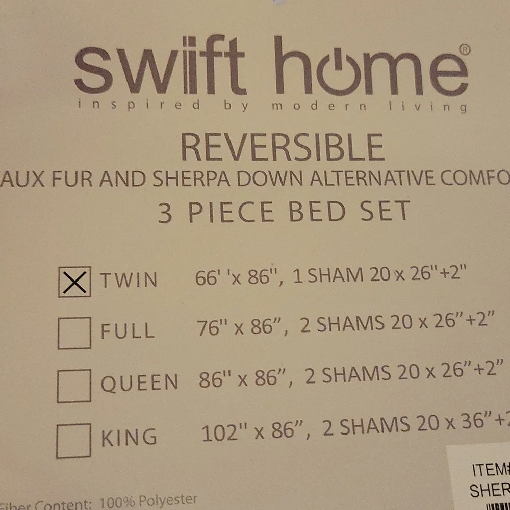 Swift Home Reversible faux fur Sherpa down alternative comforter sham Twin New…